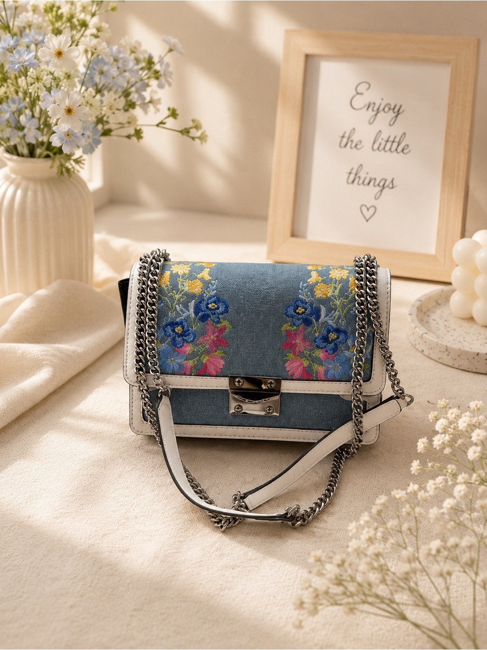 Karl Lagerfeld Paris Floral Embroidered Shoulder/crossbody Bag denim brand new